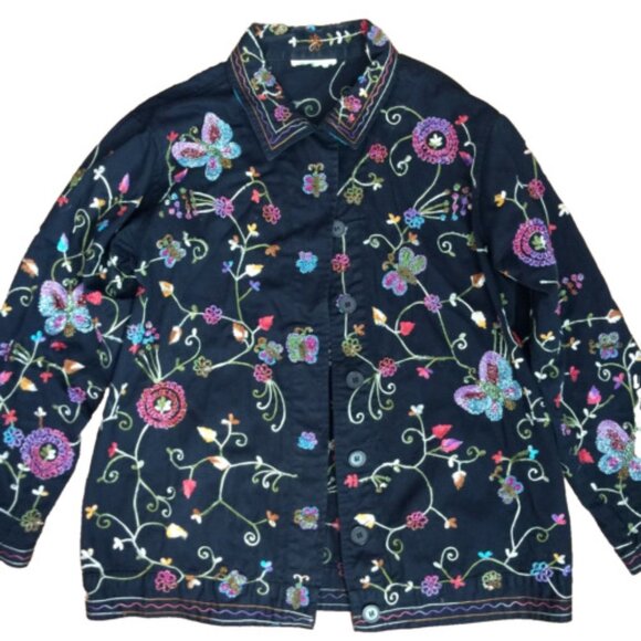 THE QUACKER FACTORY EMBROIDERED FLORAL BEADED JACKET WOMENS M BLACK GLAM BOHO - Picture 1 of 11